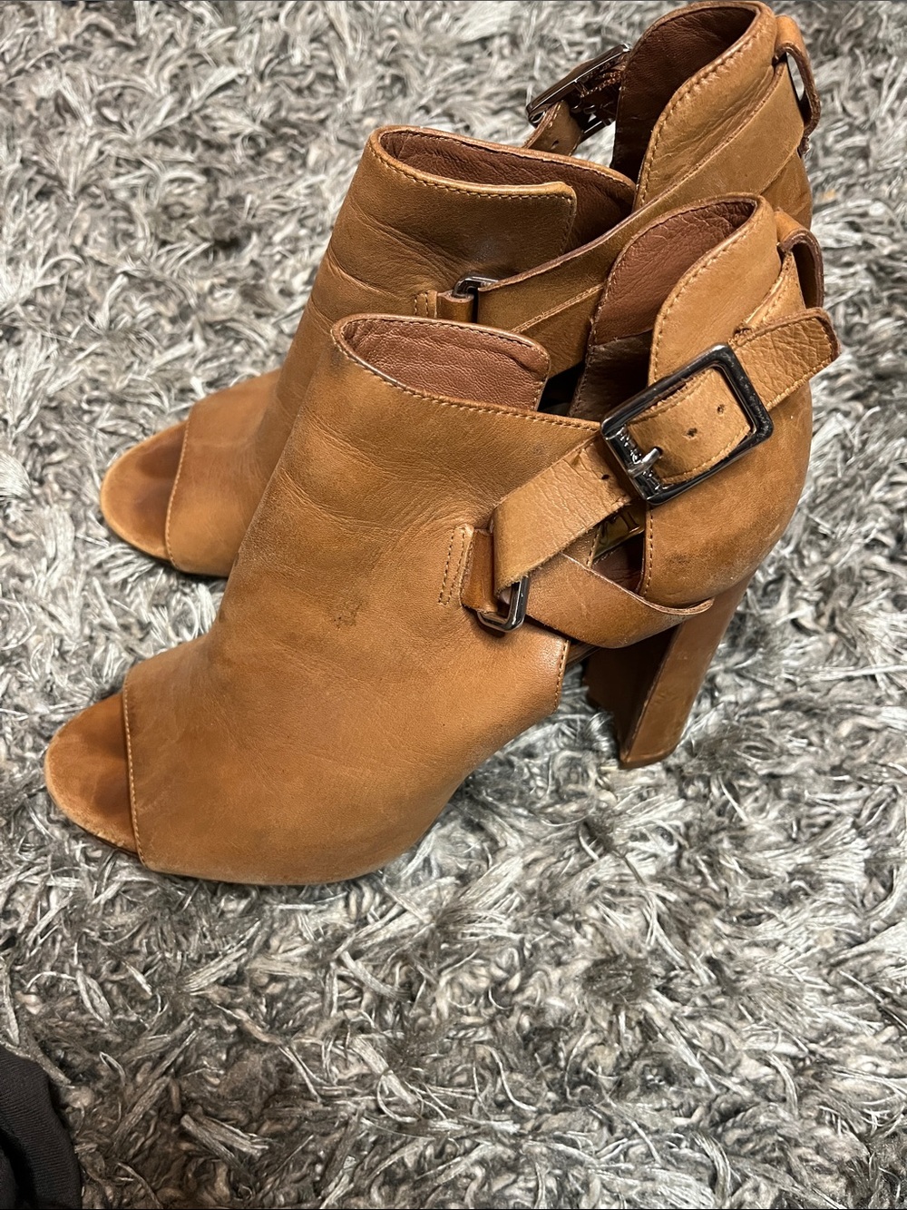 Lauren Ralph Lauren Tan Open-Toe Buckle High-Heel Booties